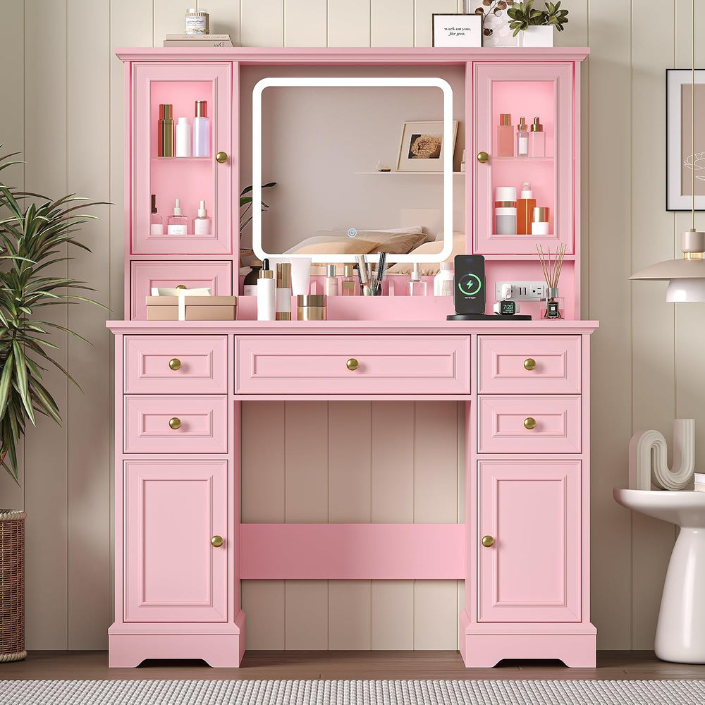 HUANLEGO Farmhouse Makeup Vanity Desk with Mirror and LED Lights, Pink | Vani...