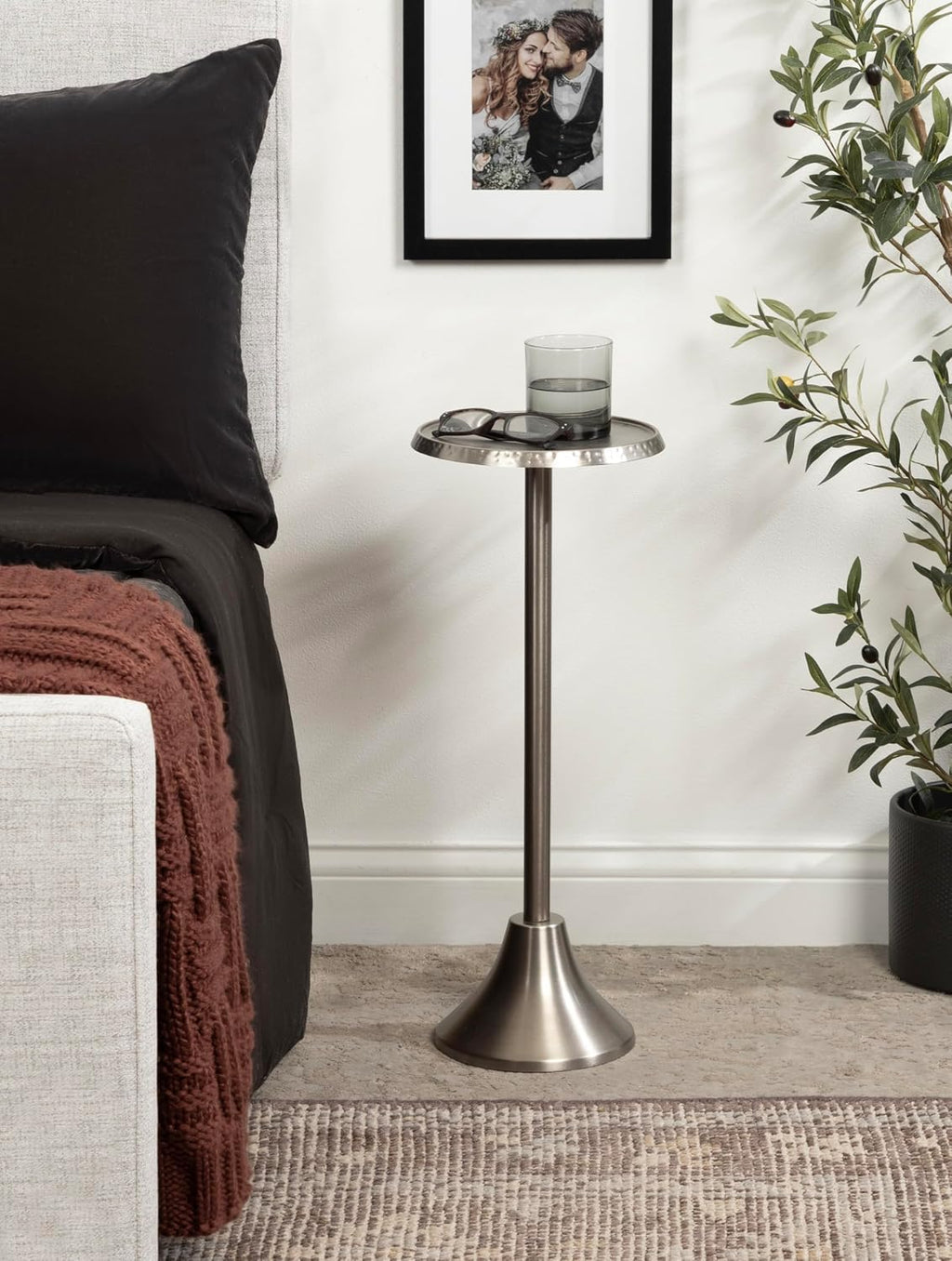 Kate and Laurel Sanzo Modern Pedestal Drink Table; 9 x 9 x 23; Antique Nickel; Decorative End Table with Hammered Tabletop for Use as Small Plant Stand or Living Room Martini Table
