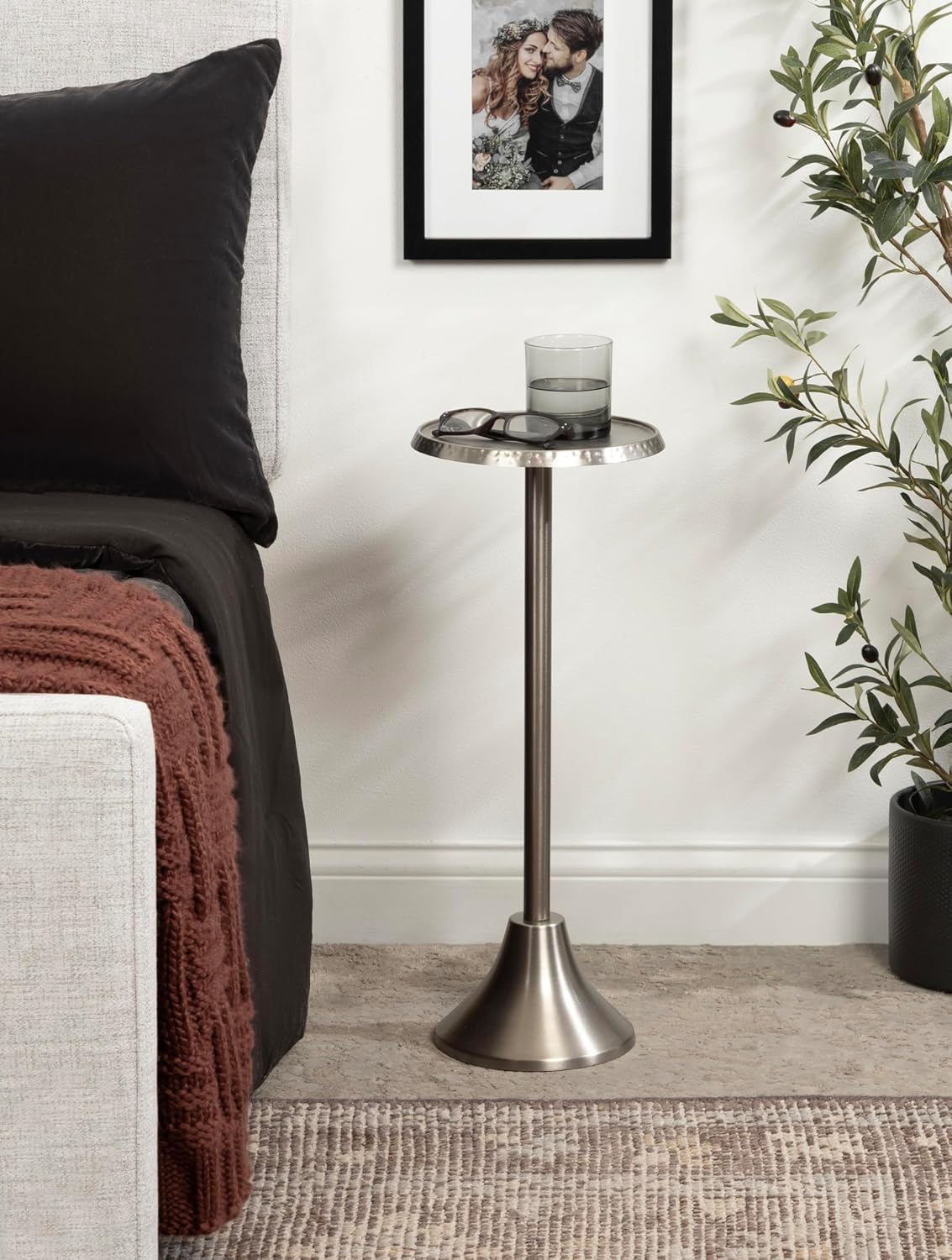 Kate and Laurel Sanzo Modern Pedestal Drink Table; 9 x 9 x 23; Antique Nickel; Decorative End Table with Hammered Tabletop for Use as Small Plant Stand or Living Room Martini Table