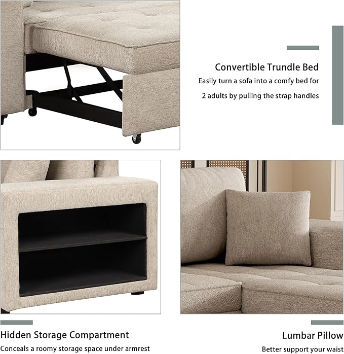 Ball & Cast 104" L-Shape Sectional Sofa with Storage Chaise and 2 Stools,Pull-Out Bed,3-Seat Chenille Reversible Couch w/Storage Armrest,for Living Room,Apartment,Cream