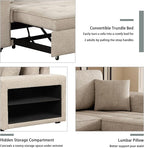 Ball & Cast 104" L-Shape Sectional Sofa with Storage Chaise and 2 Stools,Pull-Out Bed,3-Seat Chenille Reversible Couch w/Storage Armrest,for Living Room,Apartment,Cream