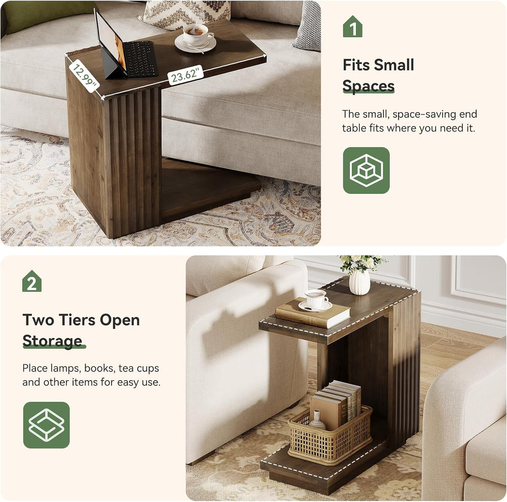 Solid Wood Side Table, C Shaped Narrow Sofa End Table with Fluted Panels and ...