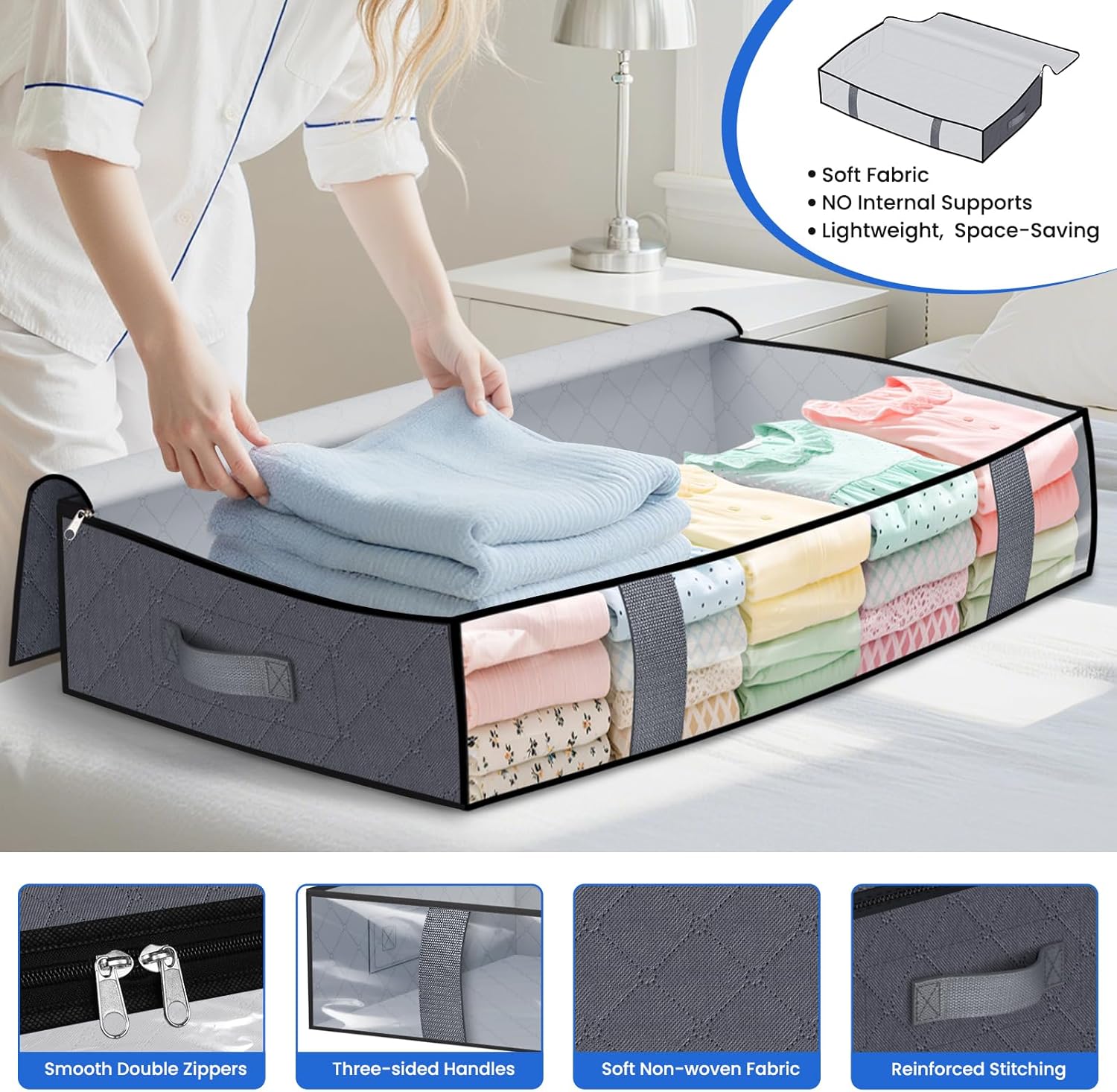 Under Bed Storage Containers, 2 Pack Blanket Storage Bags, Collapsible Storage Bags with Big Zippers, Clear Front, Shoe Storage and Organization for Clothes, Comforter, 90L, Grey