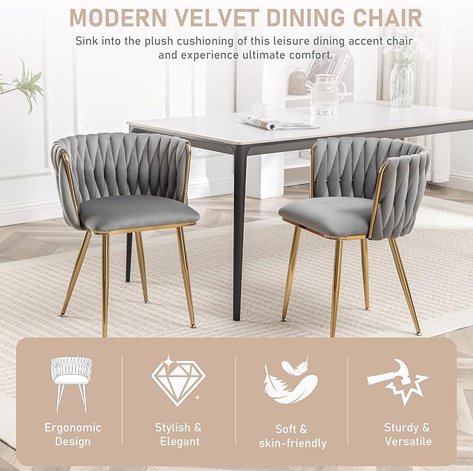 Kiztir Velvet Dining Chairs Set of 2, Upholstered Dining Room Chairs with Gold Metal Legs, Luxury Tufted Dining Chairs for Living Room, Bedroom, Kitchen (Grey)