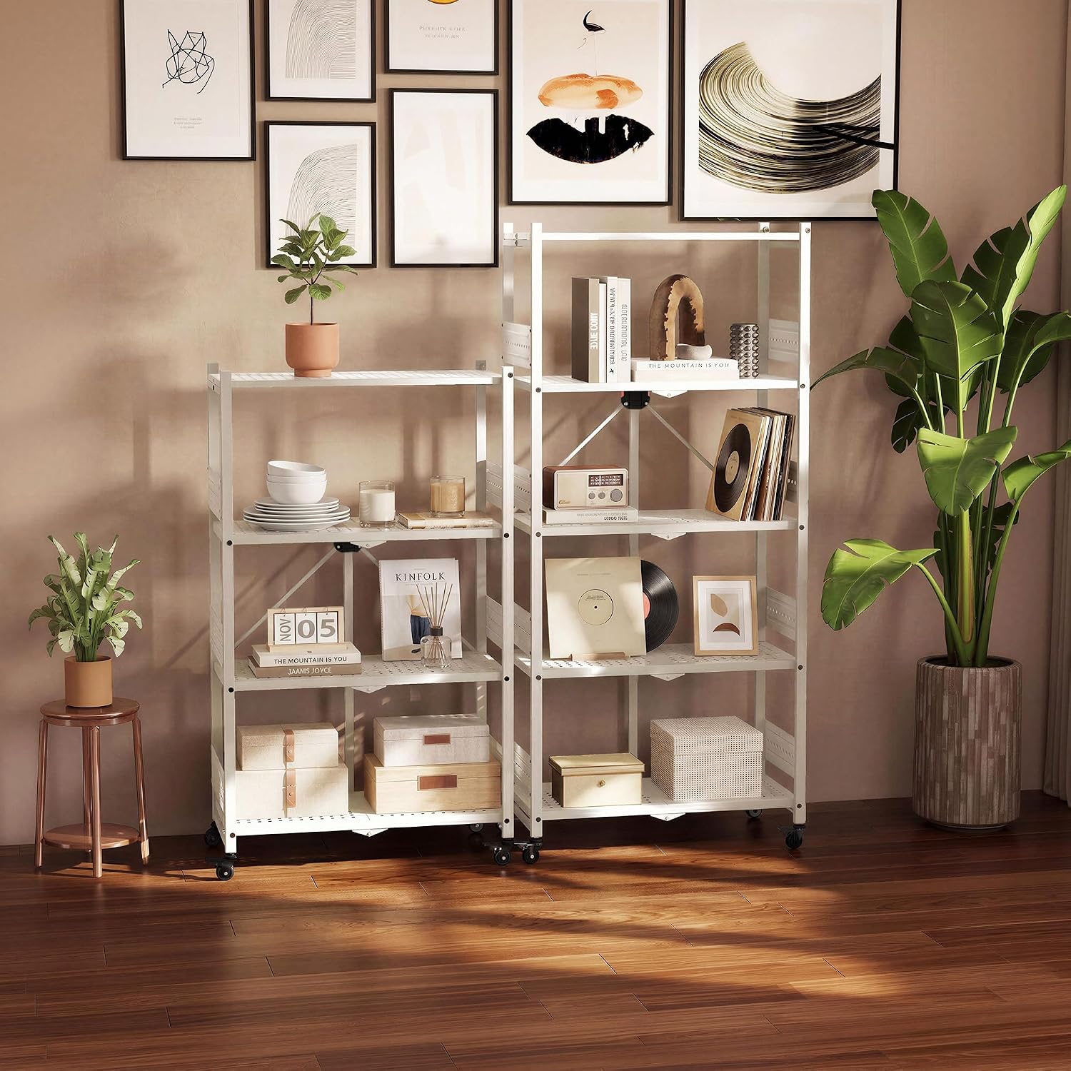 WORKPRO 5-Tier Folding Shelf, No-Assembly Metal Storage Rack with Wheels, 750 lbs Capacity (with Leveling Feet), Collapsible Shelving Unit for Kitchen, Pantry, Closet & Craft Shows - White