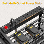 49.5" W Large Power Tool Organizer Wall Mount with Charging Station, 4 Tier Heavy Duty 12 Cordless Drills Holder Load 800 lb, Tool Battery Storage Rack Built in 8 Outlet Power Strip for Garage