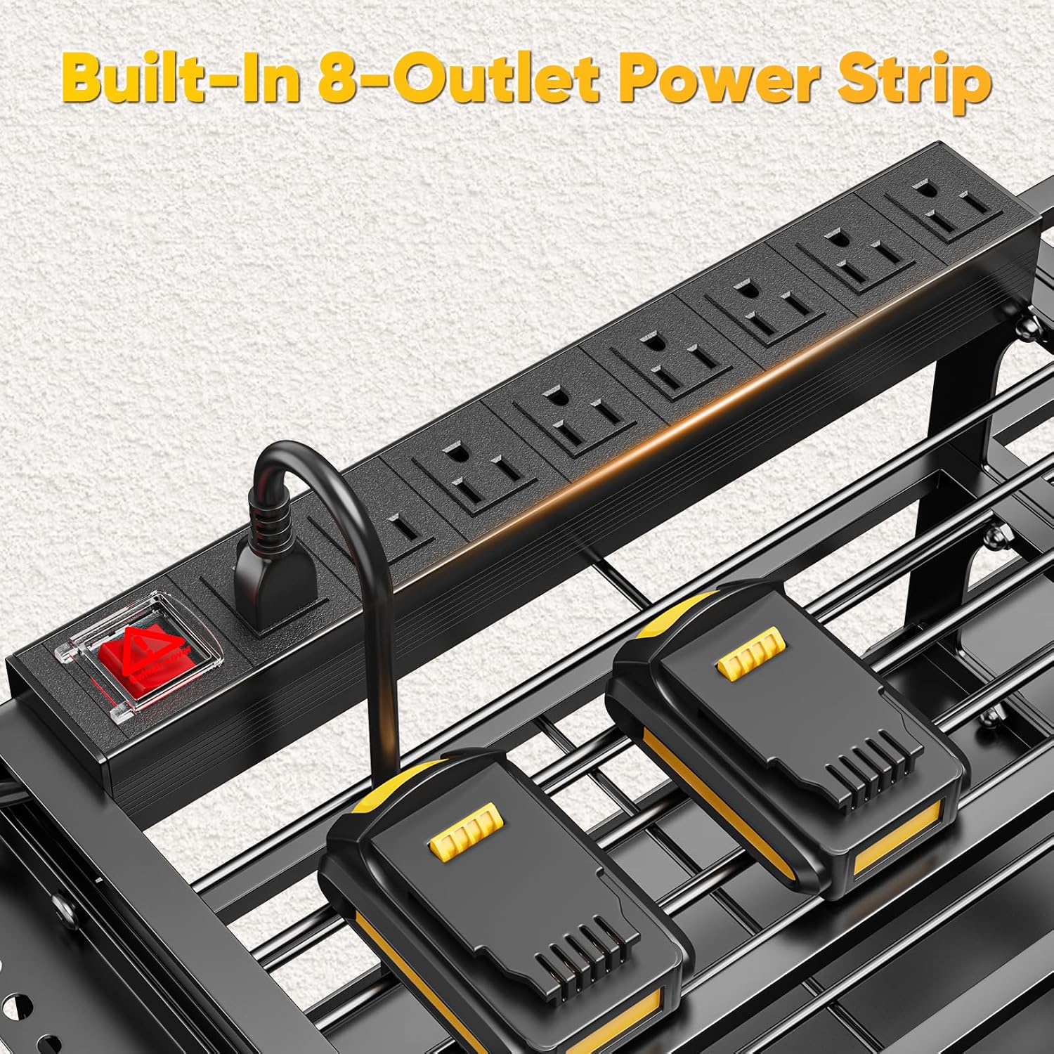 49.5" W Large Power Tool Organizer Wall Mount with Charging Station, 4 Tier Heavy Duty 12 Cordless Drills Holder Load 800 lb, Tool Battery Storage Rack Built in 8 Outlet Power Strip for Garage