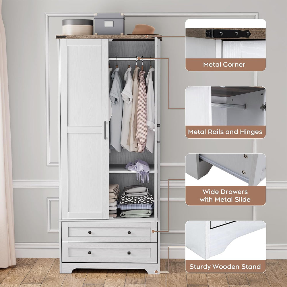 Brafab 2 Doors Wooden Armoire Wardrobe Closet with 2 Drawers, White | 2 Moder...