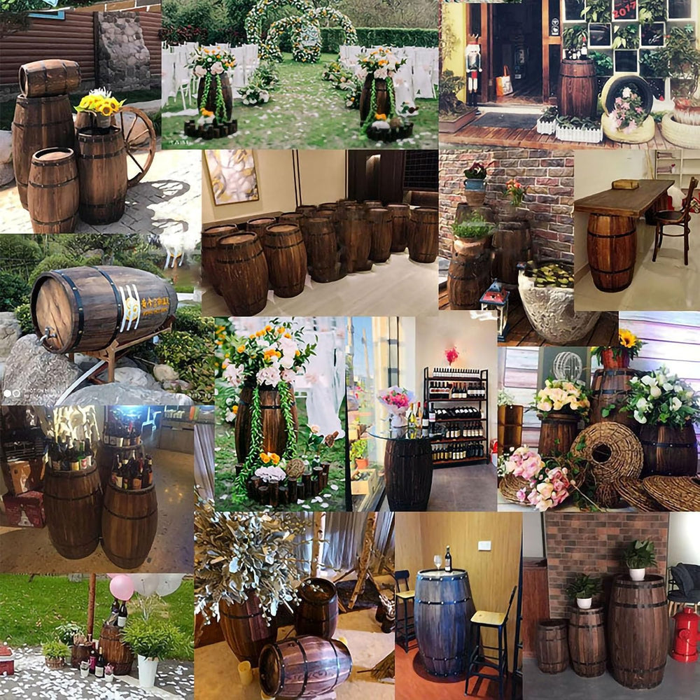 Rustic Whiskey Wine Barrel Side Table with Metal Bands, Solid Wood Barrel Acc...