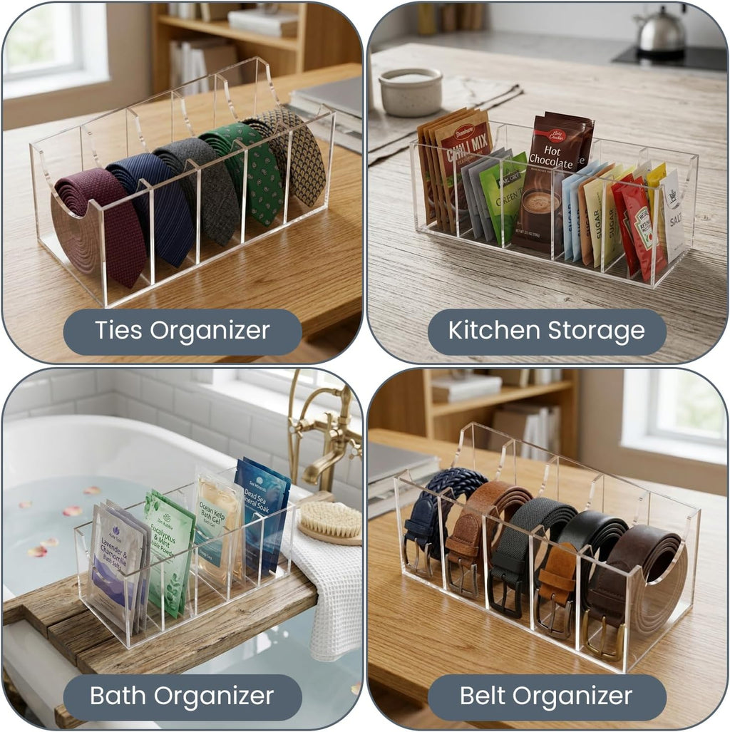 Acrylic Belt Organizer for Closet with Removable Dividers- 2 Wall Hooks for Hanging Towel- 5 Compartments & Handles Drawer Organization and Storage for Purse, Underwear, Socks & Ties (3 Pcs)