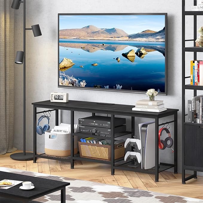 YGEOMER TV Stand for 55 Inch TV, Entertainment Center with Power Outlet and O...
