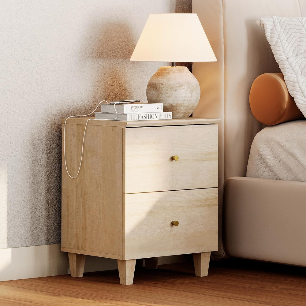 WAMPAT Nightstands with Charging Station&2 Sliding Storage Drawers, Moder...