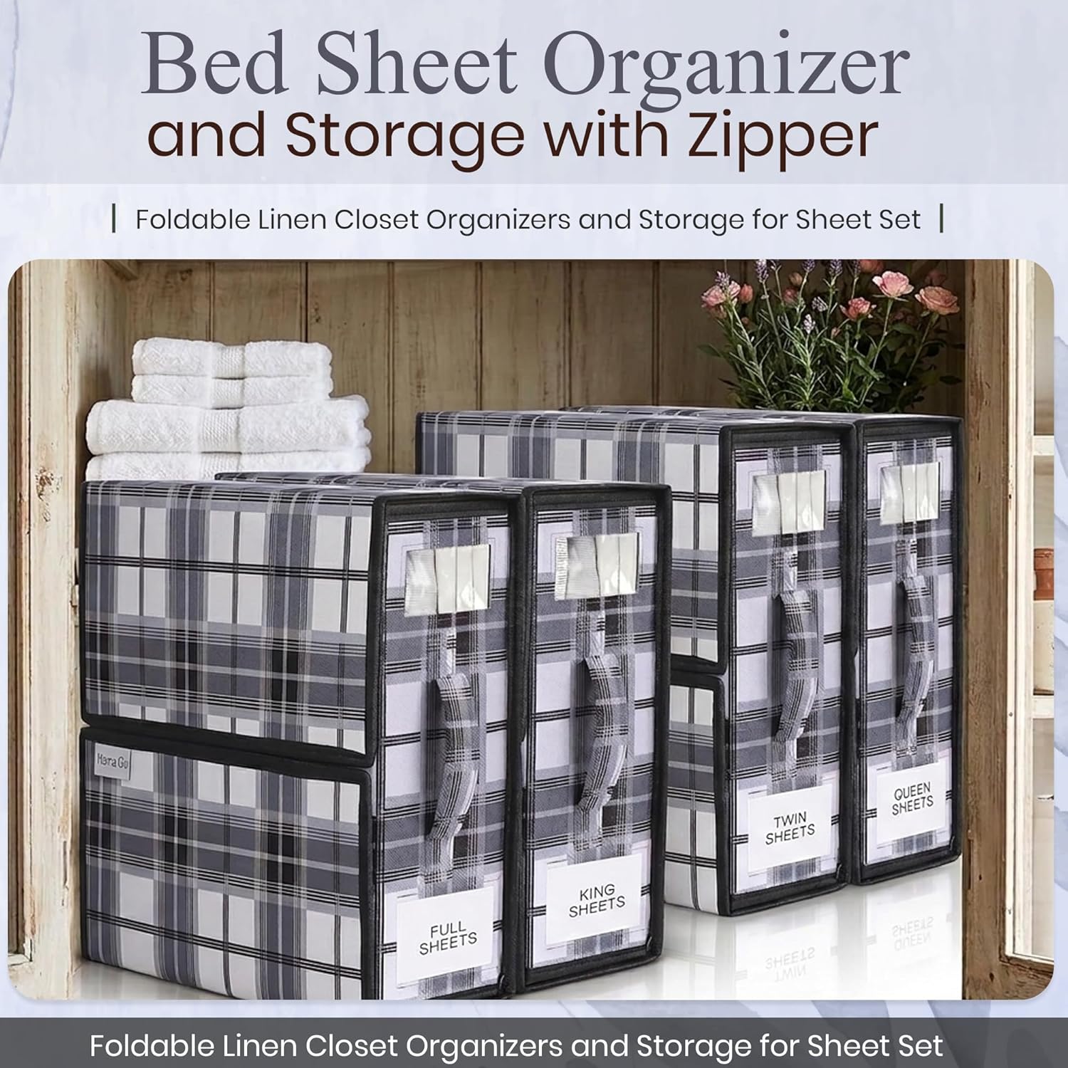 4 Pack Bed Sheet Organizer and Storage with Zipper – Linen Closet Organizers for Full, King, Queen & Twin Sheet Sets, Bedding Storage for Blankets and Duvet Covers, Black