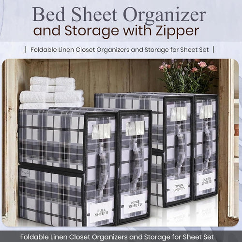 4 Pack Bed Sheet Organizer and Storage with Zipper – Linen Closet Organizers for Full, King, Queen & Twin Sheet Sets, Bedding Storage for Blankets and Duvet Covers, Black