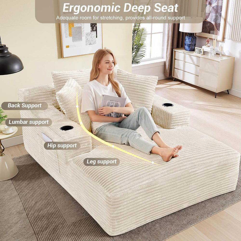 50" x 68" Corduroy Chaise Lounge, Cup Holders, Beige | Oversized co...