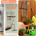Brown Broom Holder Wall Mount - Heavy Duty Wood Mop and Broom Organizer with 5 Slots & 4 Hooks - Tool Hanger for Laundry Room Closet Kitchen Garage Storage and Organization - for Rusic farmhouse Decor