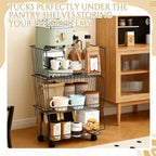 Maxdot 2 Pack 3 Tier Rolling Pantry Floor Organizer and Storage Cart with Wheels Stackable Pantry Metal Wire Baskets Kitchen Fruit Snacks Basket Stand for Kitchen Office Living Room(Black)