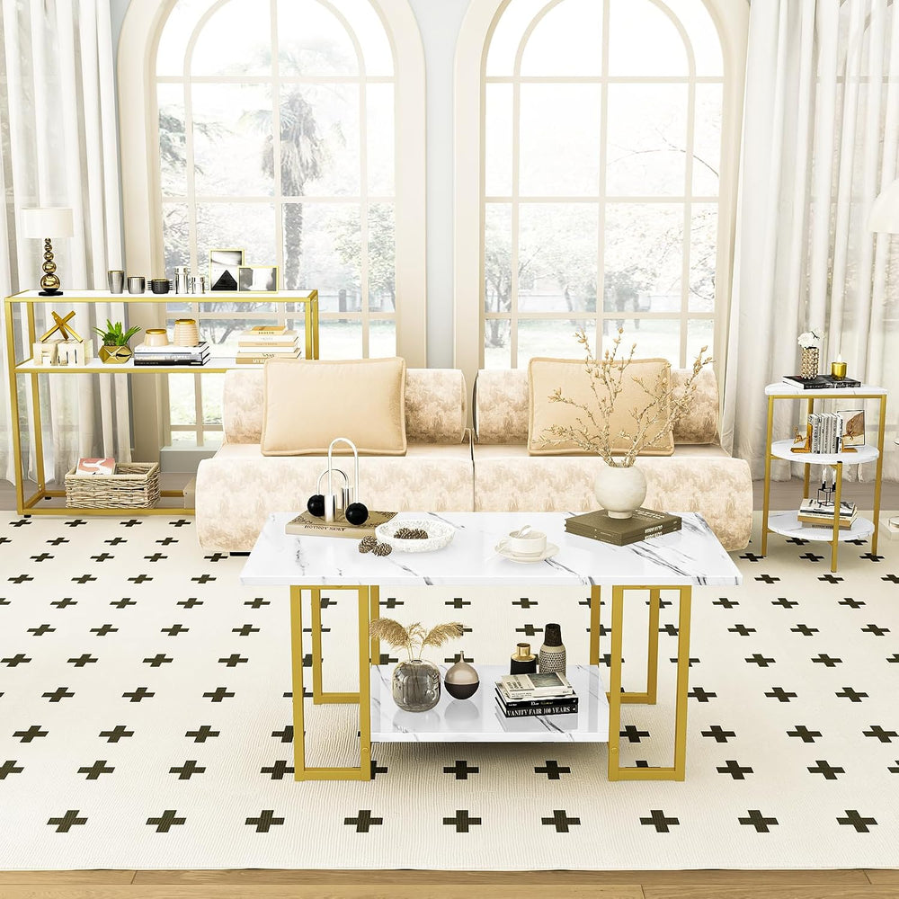 AWQM Coffee Table Set, Faux Marble Table & 2 Side Table, White&Gold |...