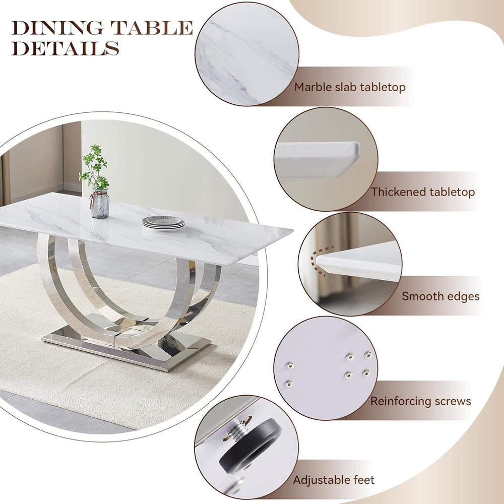69.3" White Marble Dining Table for 6-8, Luxury Rectangular Kitchen Tabl...