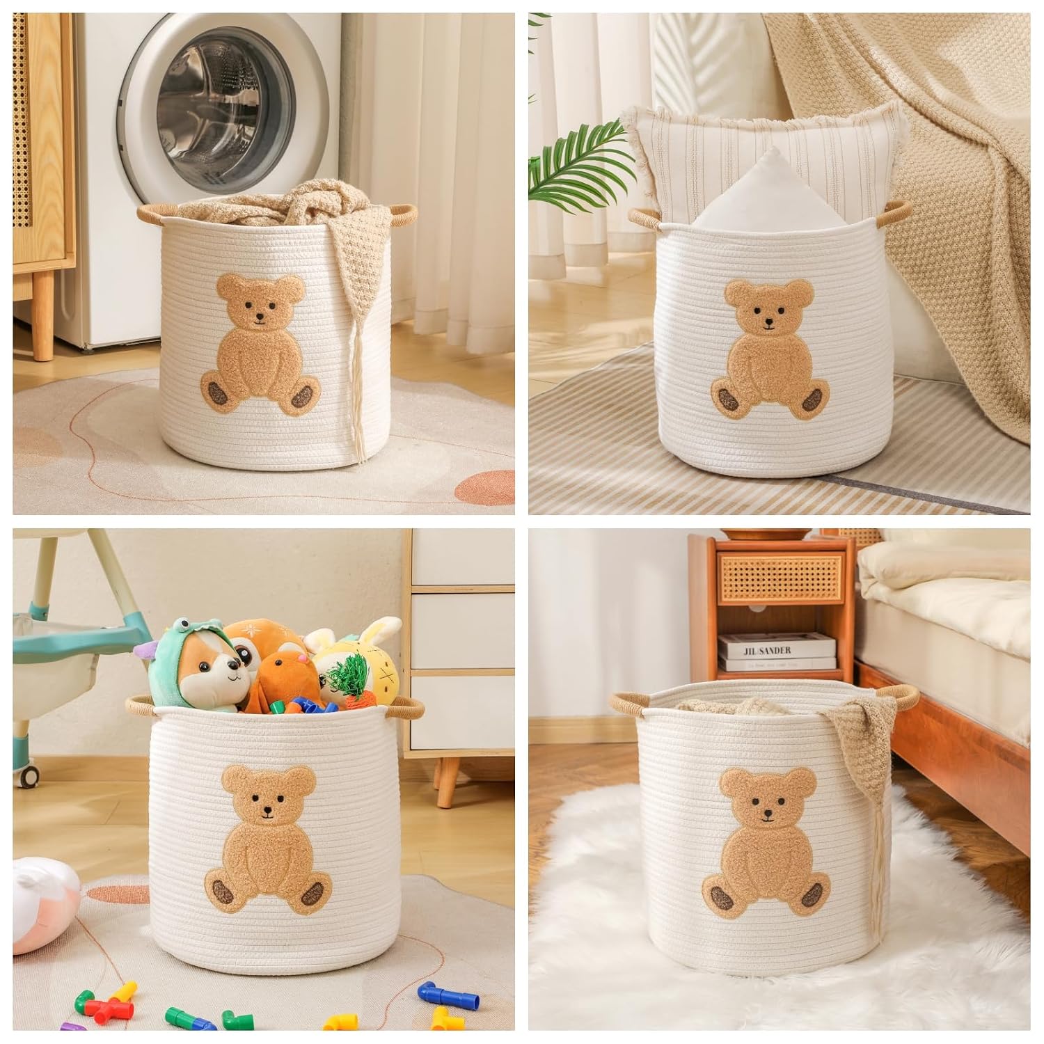 Large Blanket Baskets for Living Room, Teddy Bear Baskets Toy Storage Basket, 14" x 14" Woven Cotton Rope Basket for Kids, Toys Organizer Clothes Hamper with Embroidery, Teddy Bear Nursery Decor
