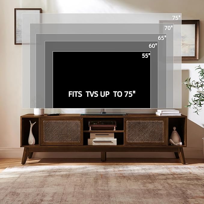 LKTART 68 Inch Mid Century Modern TV Stands with Rattan Doors,MCM Entertainment Center Media Console for 60/65/70/75 inch TVS,Long Boho Television Stand for Living Room, Dark Walnut