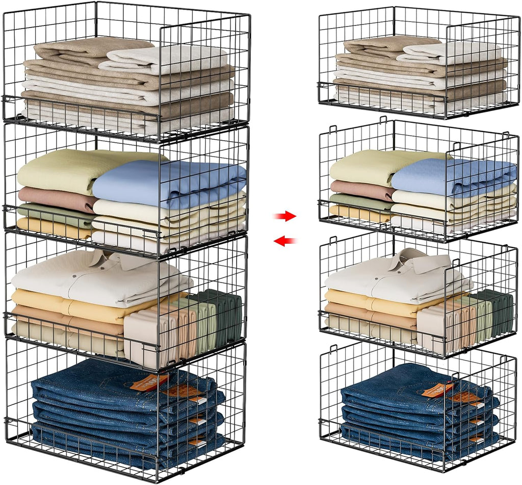 4-Tier Stackable Closet Organizers and Storage Shelves, Clothes Shelf Organizer Basket Bins, Foldable Sweater Storage for Closet Organizer System, Black (Patent Pending)