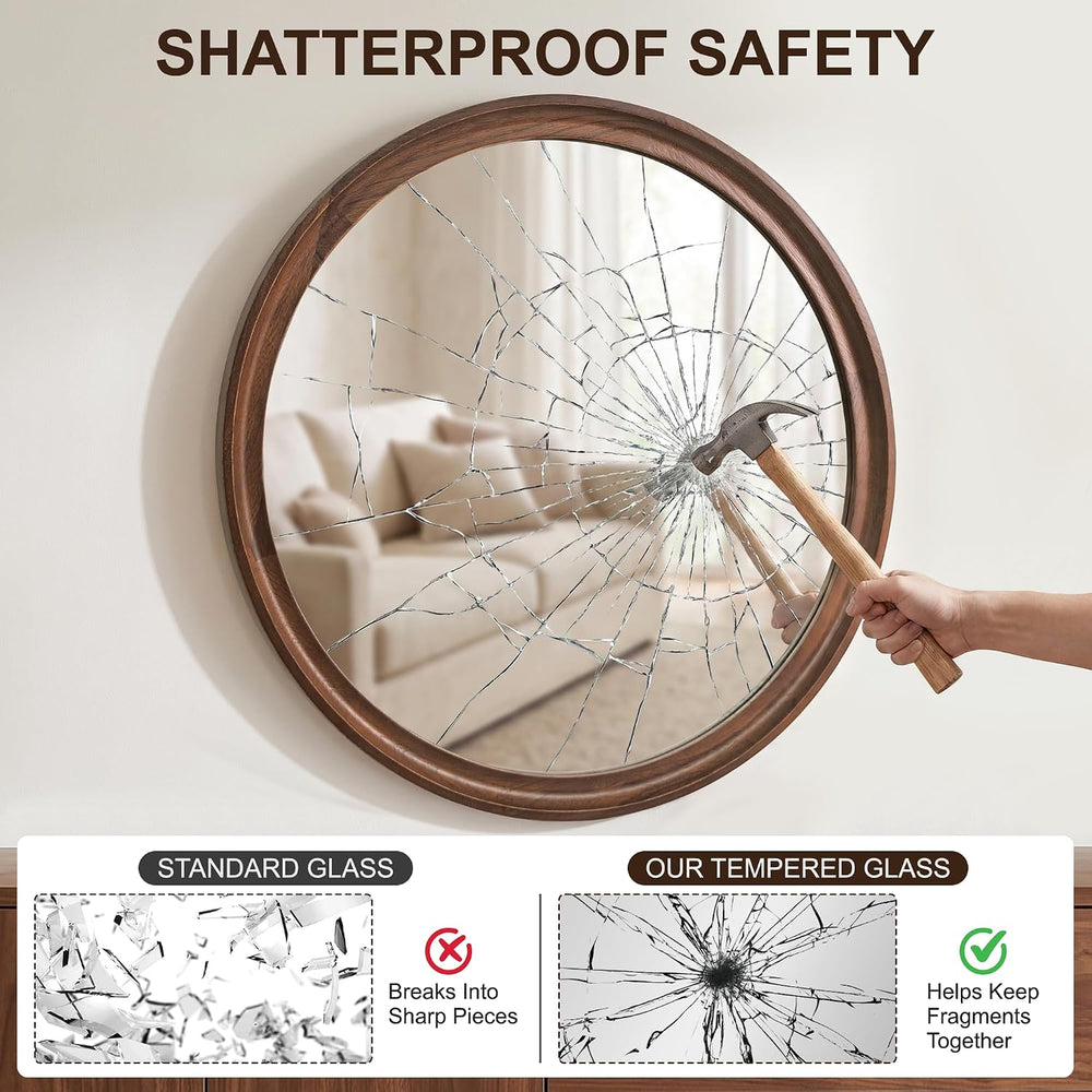 FICTOR Round Wood Mirror, 24" Circle Mirrors for Wall Decor, Walnut Brown