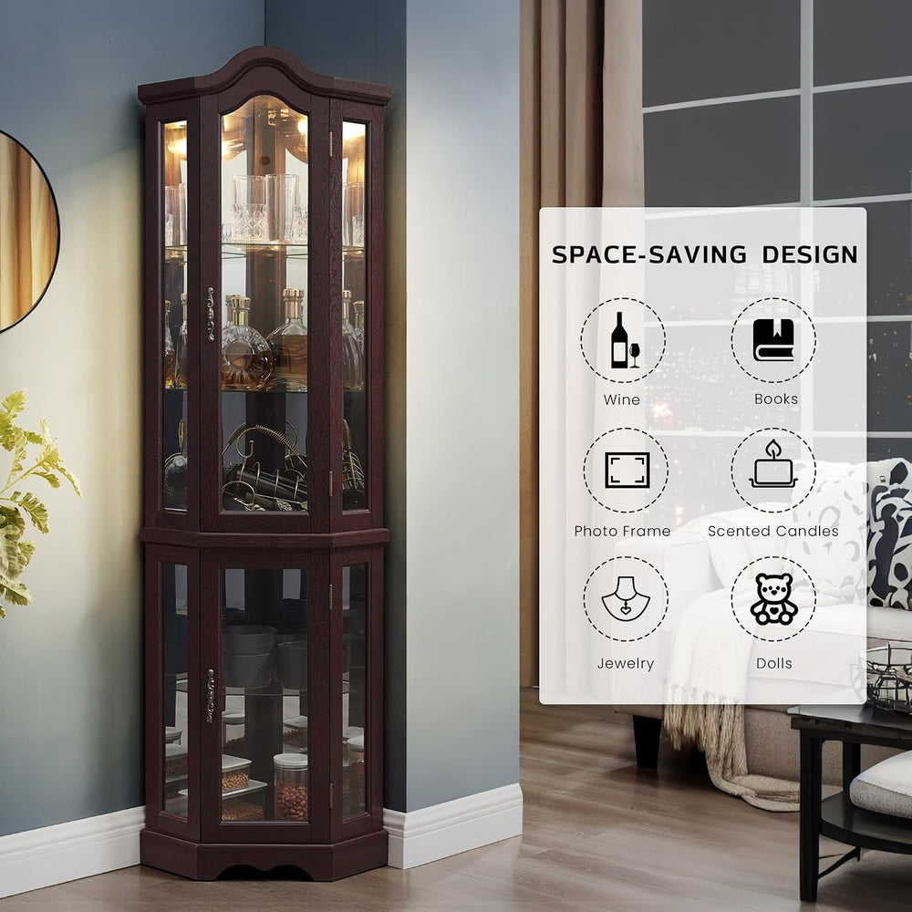 Lighted Corner Curio Cabinet 70.5" Tall Wooden China Cabinet with Temper...