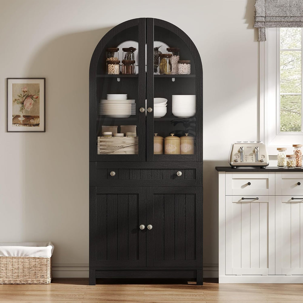 YITAHOME 71" Arched Pantry Cabinet with Glass Door, Shelves & Drawer...