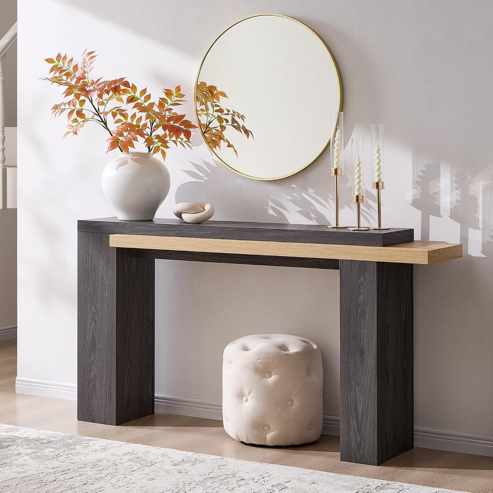 OKD 63" Geometric Console Table with Layered Top, Natural Oak & Dark...