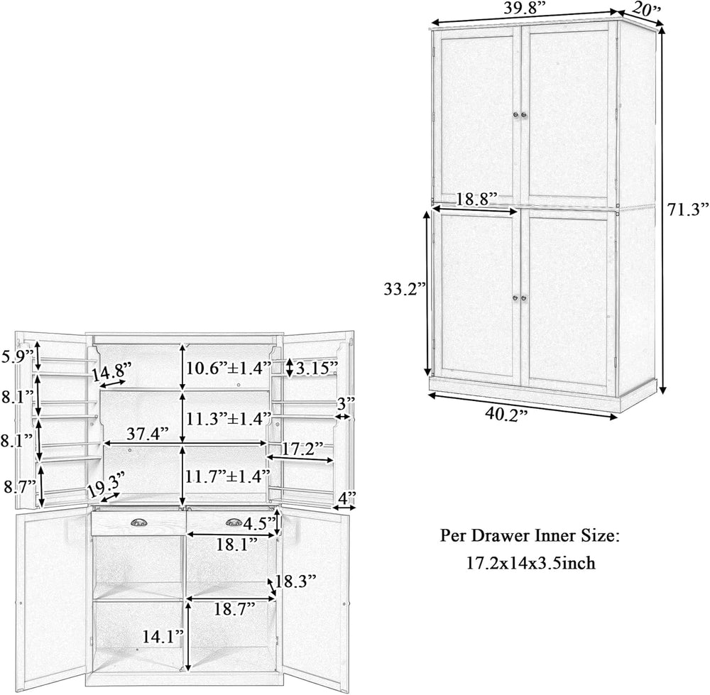 Spaco 71.3" Kitchen Pantry Cabinet,Freestanding Food Storage Cabinet wit...