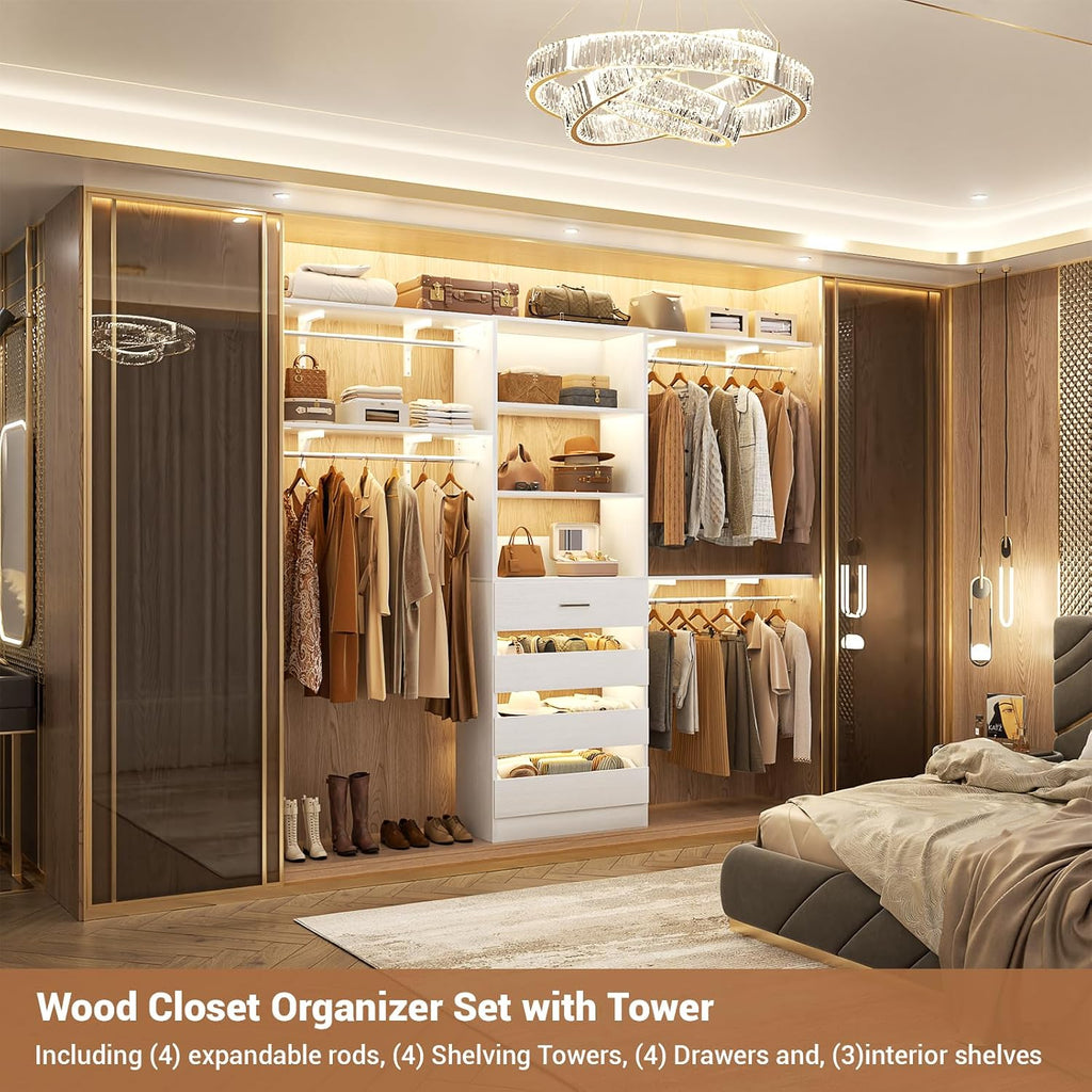 Aheaplus Closet System with Drawers, Wood Closet Organizer System with 4 Hanging Rods & Top Shelves, Walk-in Closets Organizer Wardrobe Clothes Rack System, Cut Fits Spaces 4-9FT. Wide, White