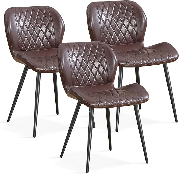 Dining Chairs Set of 3, Comfy Modern Dining Chairs with Thick Cushions, Upholstered Faux Leather Kitchen Side Chairs with Adjustable Metal Legs for Dining Room (Coffee)