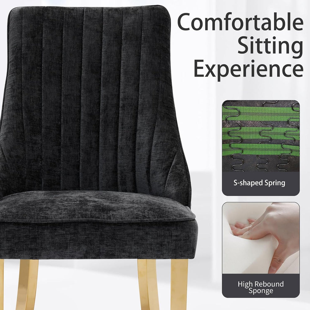 Shenyon Black Chenille Upholstered Dining Chairs Set of 4, Gold Metal Legs | ...