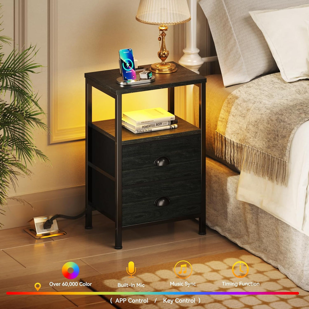 Furologee Nightstands Set of 2, End Tables with Charging Station and LED Ligh...