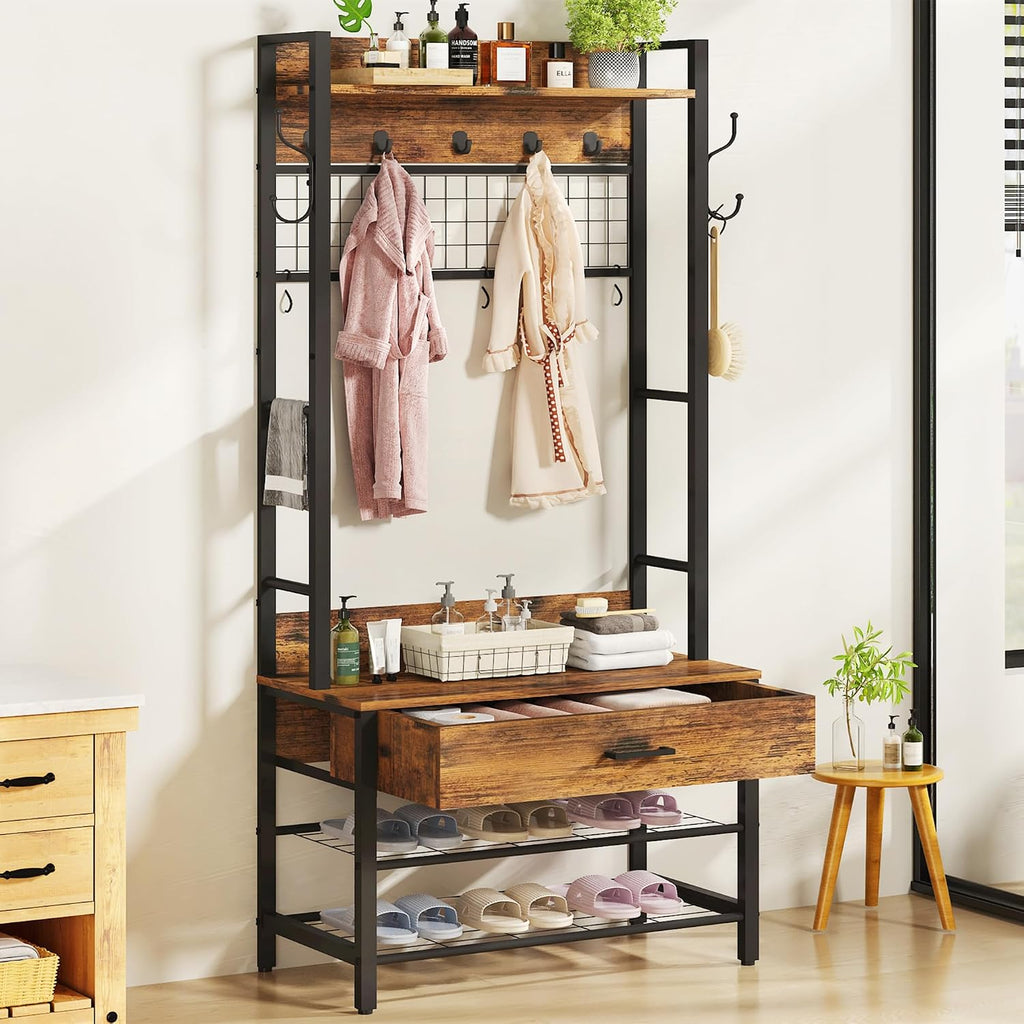DKLGG Hall Tree with Bench and Shoe Storage for Entryway, 5-in-1 Coat Rack with Shoe Storage, Wood Look Accent Shoe and Coat Rack, Farmhouse Hall Tree with 12 Hooks for Mudroom, Bedroom, Living Room