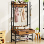 DKLGG Hall Tree with Bench and Shoe Storage for Entryway, 5-in-1 Coat Rack with Shoe Storage, Wood Look Accent Shoe and Coat Rack, Farmhouse Hall Tree with 12 Hooks for Mudroom, Bedroom, Living Room