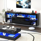 71" Floating High Gloss LED TV Stand for up to 85" TVs, Wall-Mounted Entertainment Center, Modern Media Console w/USB Outlets, Open Adjustable Glass Shelf&Hidden Storage Cabinet, Black