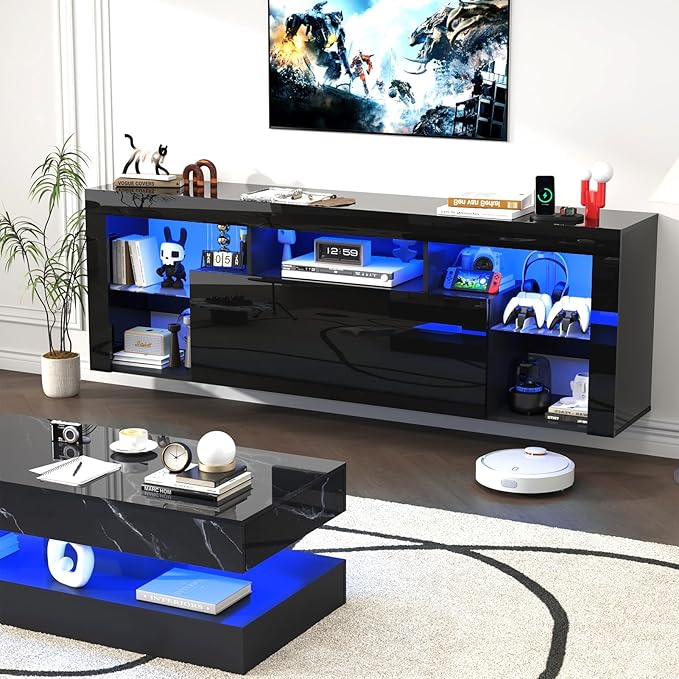 71" Floating High Gloss LED TV Stand for up to 85" TVs, Wall-Mounted Entertainment Center, Modern Media Console w/USB Outlets, Open Adjustable Glass Shelf&Hidden Storage Cabinet, Black