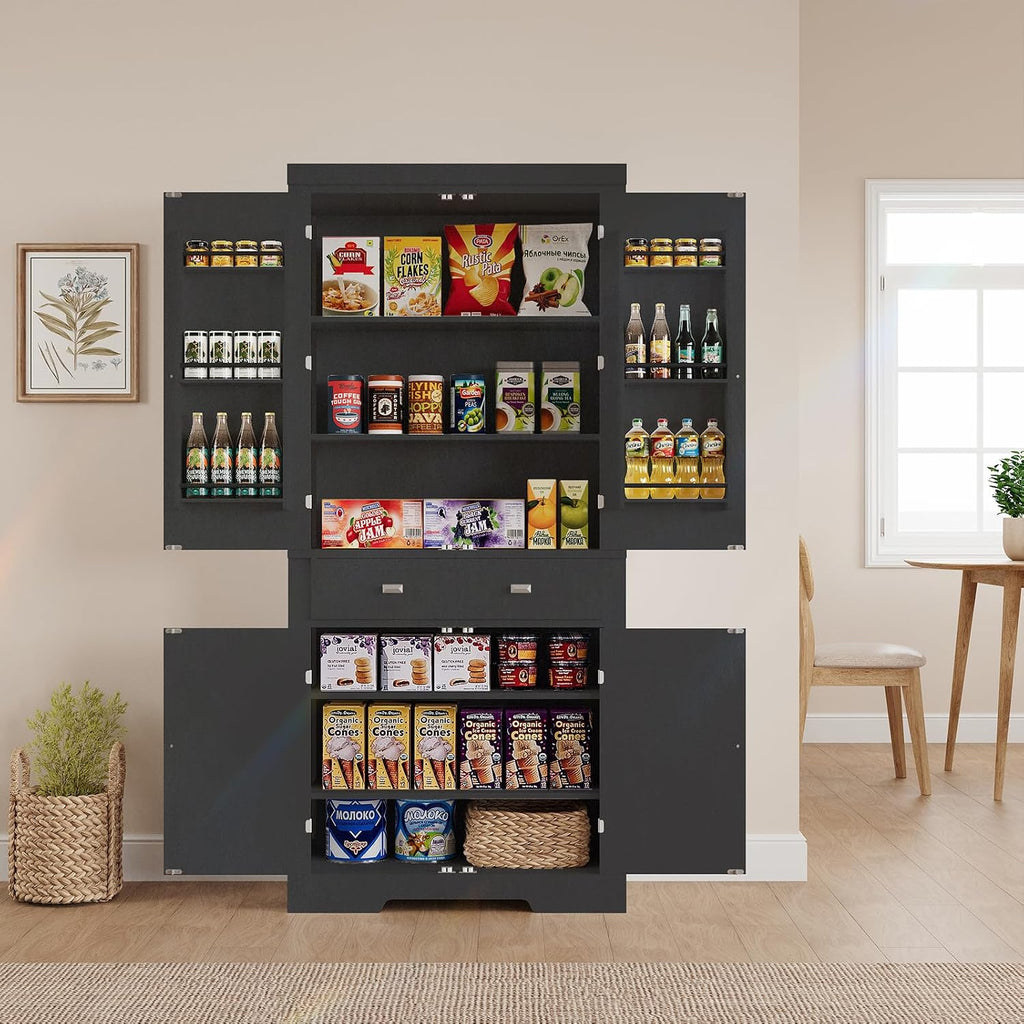 Kitchen Pantry Storage Cabinet, 72 Inches Freestanding Food Pantry Cabinet with Drawer, Modern Wood Cupboard with 6 Door Shelves and 4 Adjustable Shelves for Ding Room, White