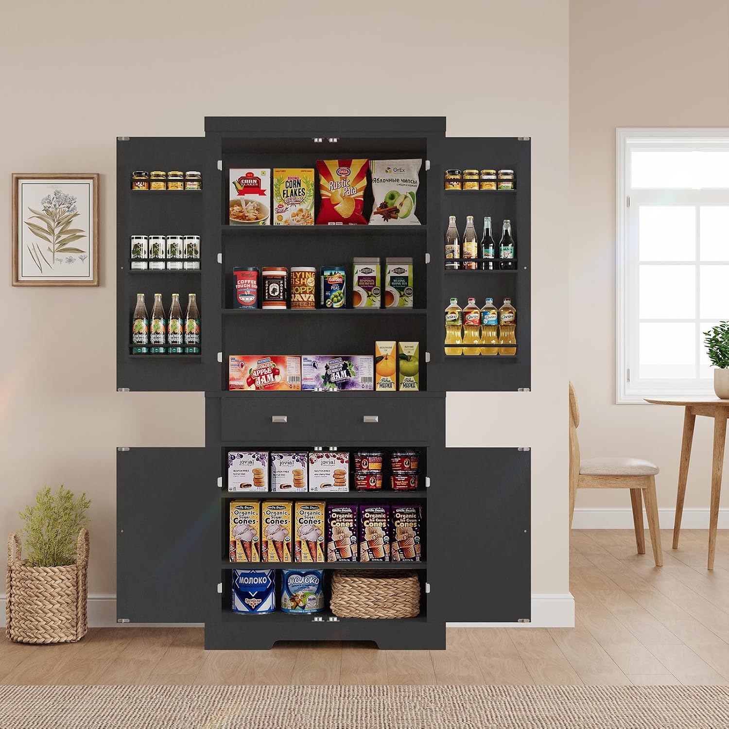 TrailBlaze 72'' Tall Kitchen Pantry Cabinet with Doors & Drawers, Freestanding Narrow Pantry Storage with Adjustable Shelves, Storage Cabinet for Dining Room Living Room Kitchen