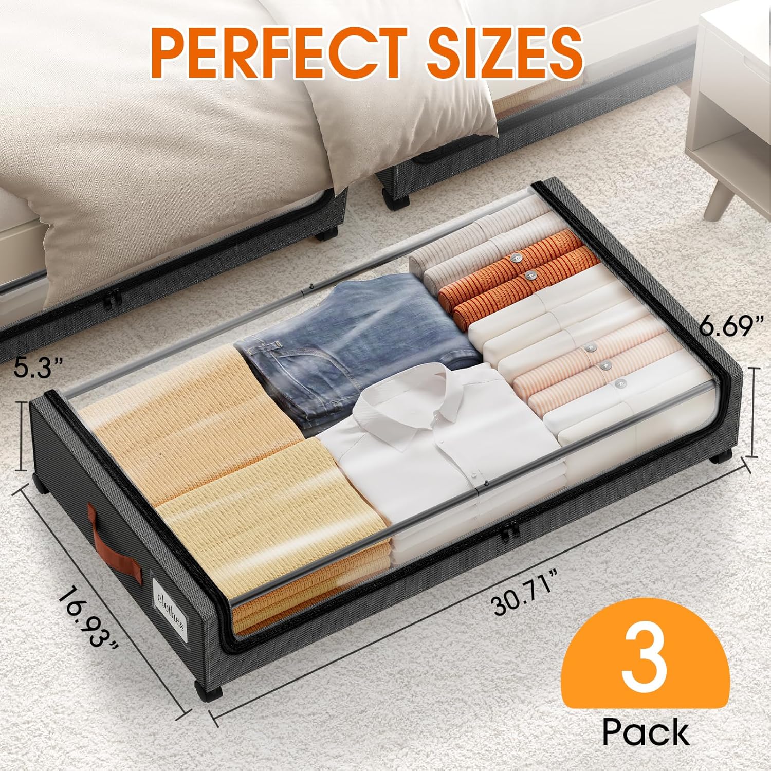 Under Bed Storage with Wheels 3Pack Storage Containers with Clear Window&Label Under Bed Drawers Rolling Under Bed Storage for Clothes,Shoes, Blankets (30.71 x 16.93 x 6.69 in, Dark Grey)