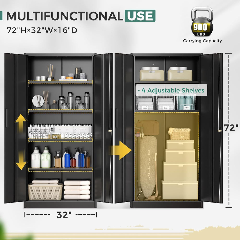Greenvelly Storage Cabinet, 72” Black Garage Steel Locking Cabinet with Doors...