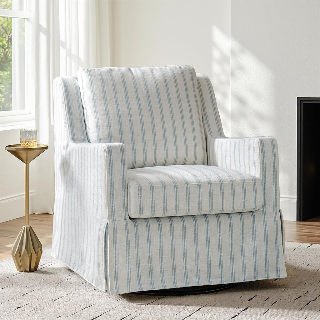 HULALA HOME Farmhouse Swivel Rocker Chair with Washable Slipcover, Blue | Swivel Rocking Accent Chair with Down Filled Cushions, Striped Fabric Upholstered Barrel Armchair for Living Room Bedroom