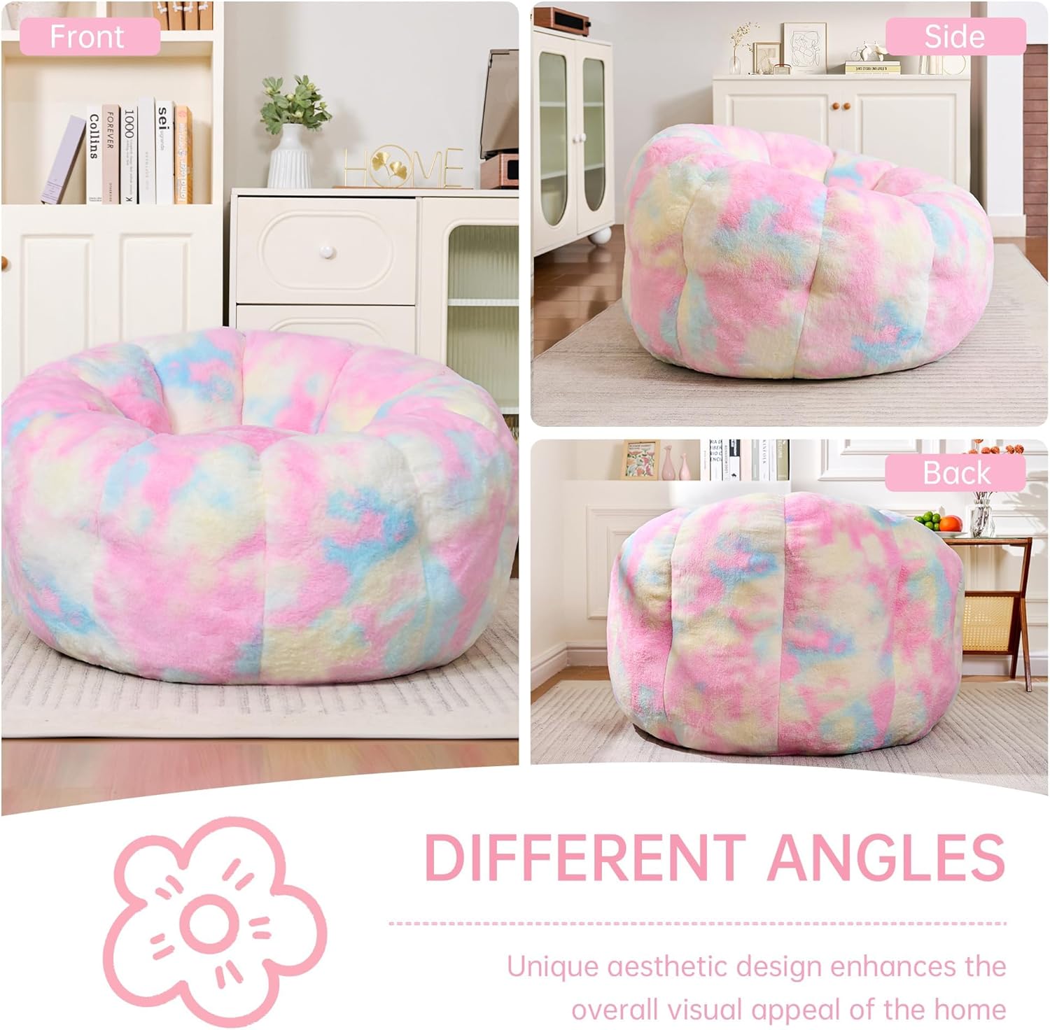 Cvortll Bean Bag Chair, Floral Shaped Beanbag, Faux Fur Adult Teen Kids Comfy Chair with Petal Armrest Chair, Bean Bag Couch for Bedroom, Living Room, Dorm, Game (Colorful)