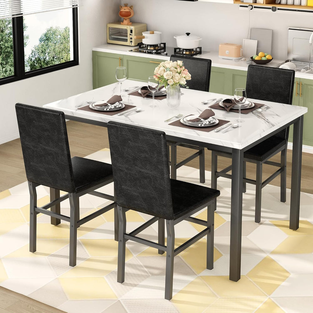 Dining Table Set for 4, 5-Piece Faux Marble Dining Set,4 Upholstered PU Chair...