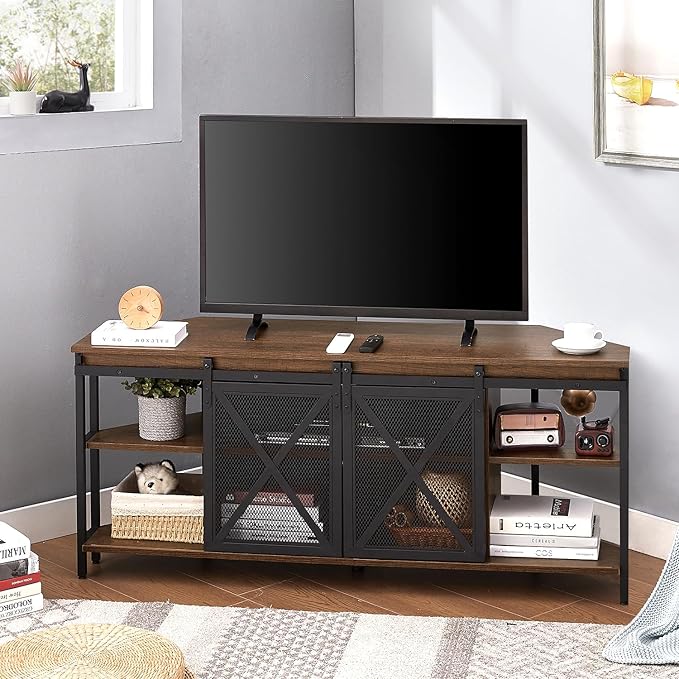 HOMISSUE Corner TV Stand for 55 Inch TV, Rustic Corner Entertainment Center with Storage, Industrial Media Console Table with Sliding Barn Door, Entertainment Center for Living Room, Brown