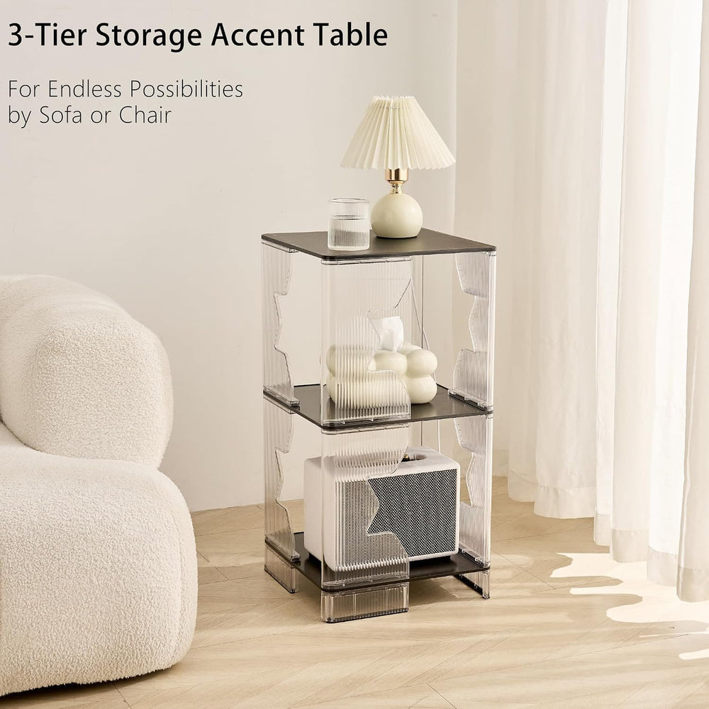 UMAIL End Table Set of 2, 3-Tier Nightstand with Clear Fluted Stripe Design, ...