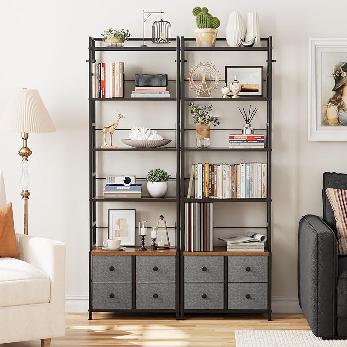 5 Tier Bookshelf, Modern Bookcase with Bookends and 4 Drawers Storage Organizer, Metal Industrial Display Shelf, Free Standing Storage Shelving Unit for Bedroom, Living Room and Home Office