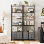 5 Tier Bookshelf, Modern Bookcase with Bookends and 4 Drawers Storage Organizer, Metal Industrial Display Shelf, Free Standing Storage Shelving Unit for Bedroom, Living Room and Home Office